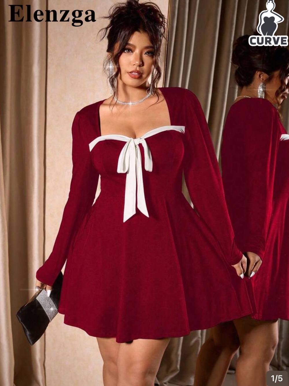 SHEIN Wine Red Long Sleeve Skater Dress with White Bow